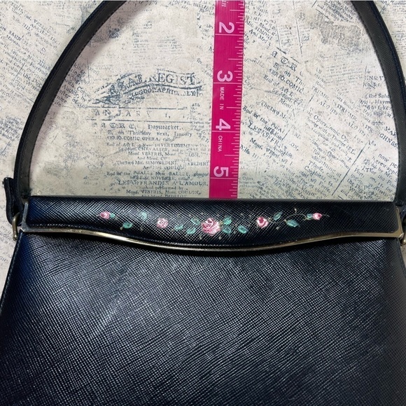 Etra Purse Vintage 1960's Black Leather French Hand painted with Pink Flowers - Picture 15 of 15